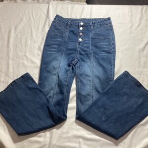 High Waisted Flare Jeans Medium Wash Button Fly Seamed Bell Bottoms Womens 29x27